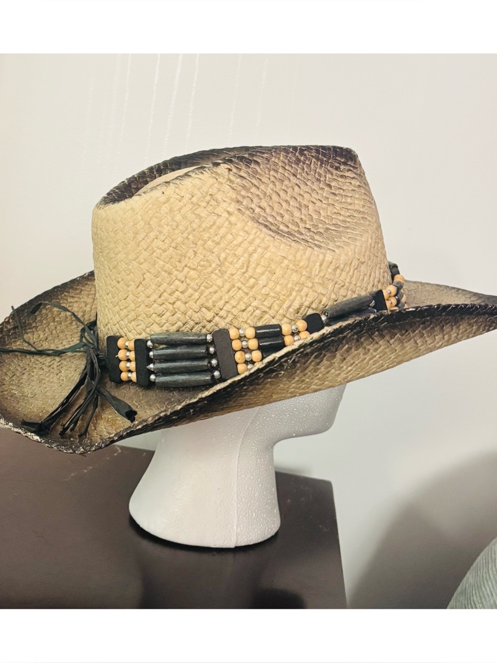 Women’s Straw Western Cowboy Hat with Beaded Band - Tan and Black-